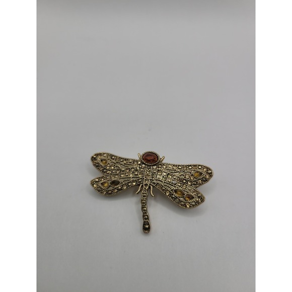 Monet Jewelry - Vintage Monet Dragonfly Brooch Gold Tone Amber Rhinestone Insect Figural Pin Sig